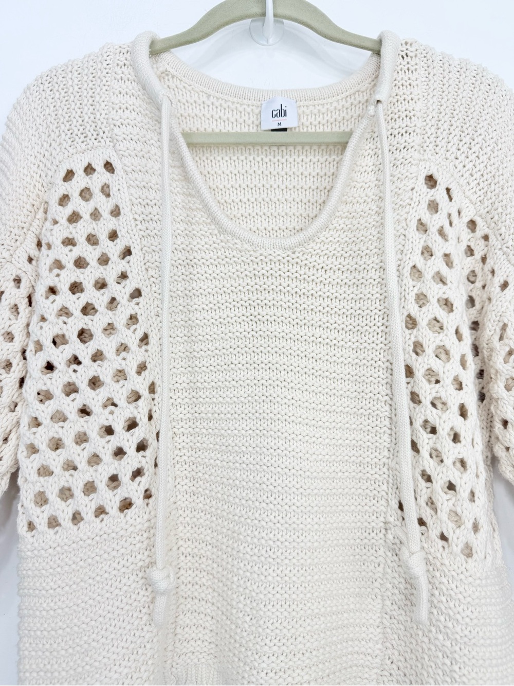 Cabi 6596 SANDBAR Pullover Cream Open Knit Slouchy Tie Front Sweater - Picture 8 of 15
